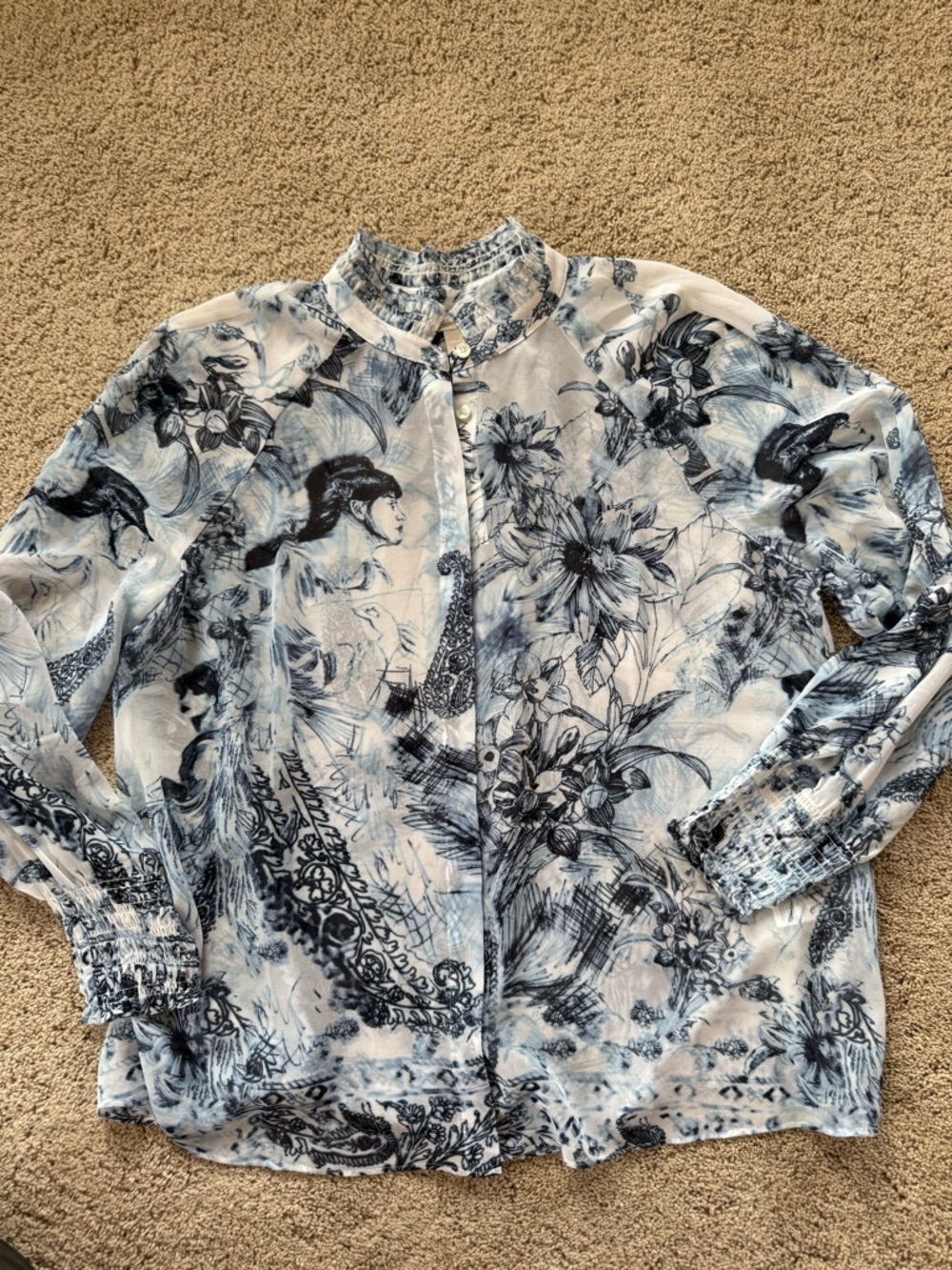 NWT! Chicos’s RAGLAN PLEAT COLLAR BLOUSE SKETCHED EUPHORIA TOP LS WOVEN PATTERN